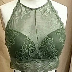 High-neck bra, Lacey, Olive Green
